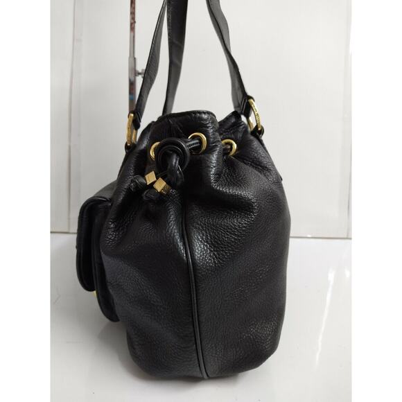 Michael Kors Black Leather Zipper Front Pockets Drawstring Closure Shoulder Bag - Picture 3 of 12